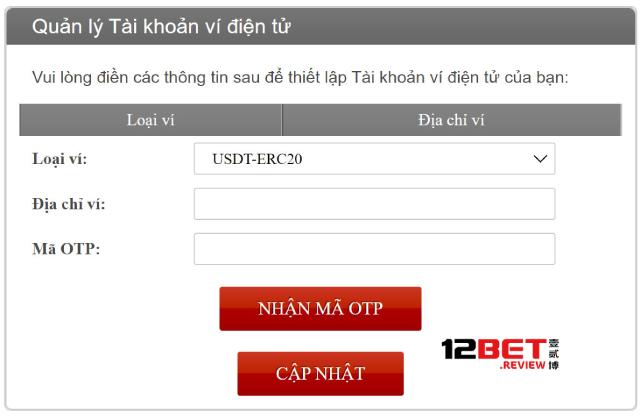 Cách cập nhật địa chỉ ví USDT vào hệ thống 12BET