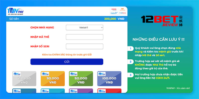 Cách dùng thẻ cào để nạp tiền 12Bet